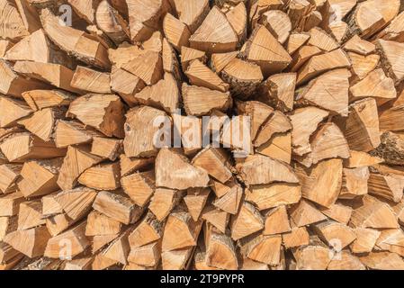 Wood logs, pile of chopped and stacked fire wood Stock Photo