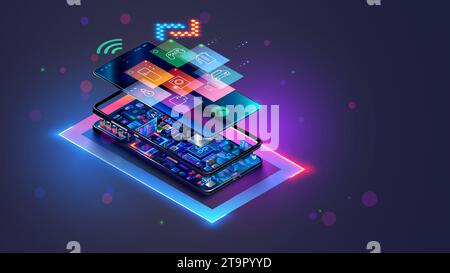 Smart home IOT system isometric concept. Icons domestic devices on screen smart phone in neon light. Electronic devices inside phone. Mobile app of Wi Stock Vector