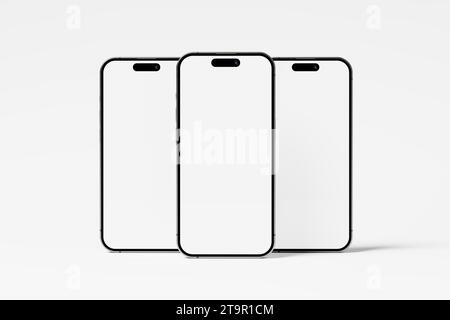 Iphone 15 and 15 Pro and 15 Pro Max White Blank 3D Rendering Mockup Stock Photo