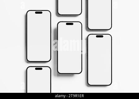 Iphone 15 and 15 Pro and 15 Pro Max White Blank 3D Rendering Mockup Stock Photo