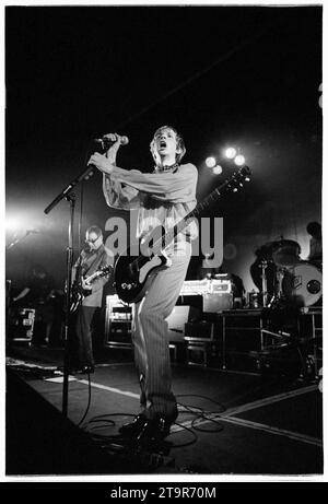 BECK, SINGER, 1997: Beck plays a one-off gig at Cardiff University to publicise the Odelay album on 3 March, 1997. The star only played two dates in the UK on this visit. The concert featured an incredible extended guitar battle with Beck on guitar and a champion scratch DJ manipulating a guitar chord on the decks. Photo: Rob Watkins Stock Photo