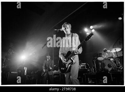 BECK, SINGER, 1997: Beck plays a one-off gig at Cardiff University to publicise the Odelay album on 3 March, 1997. The star only played two dates in the UK on this visit. The concert featured an incredible extended guitar battle with Beck on guitar and a champion scratch DJ manipulating a guitar chord on the decks. Photo: Rob Watkins Stock Photo