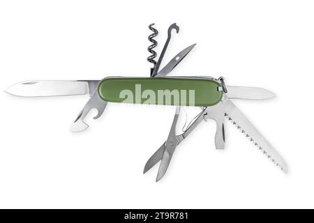 Multifunction army pocket folding knife isolated on white background Stock Photo