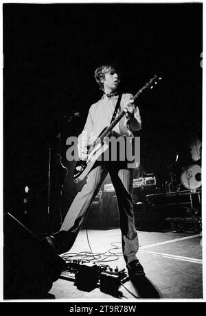 BECK, SINGER, 1997: Beck plays a one-off gig at Cardiff University to publicise the Odelay album on 3 March, 1997. The star only played two dates in the UK on this visit. The concert featured an incredible extended guitar battle with Beck on guitar and a champion scratch DJ manipulating a guitar chord on the decks. Photo: Rob Watkins Stock Photo