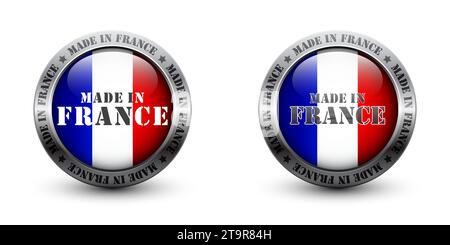 Made in france glossy button. Color label button with shadow. Glossy metal badge icon. Flat vector illustration. Stock Vector
