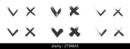 Set of checkmarks and cross signs. Check marks drawn with a brush. Vector illustration Stock Vector