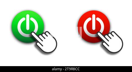 Finger touching on power button. Red and green button with shadows and finger icon pointing on it. Flat vector illustration. Stock Vector