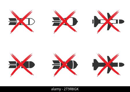 Bobm forbidden icon set. Crossed out bomb symbol. Vector illustration Stock Vector