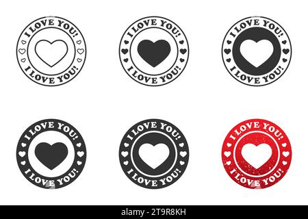 Set of round stamps with heart shape inside and lettering: I love you! Vector illustration Stock Vector