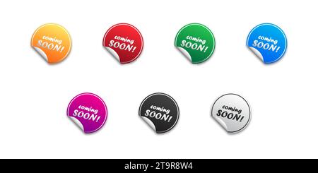 Coming soon. Round sticker set with offer message. Flat vector illustration. Stock Vector