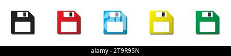 Set of colorful floppy disks with shadow. Flat vector illustration. Stock Vector