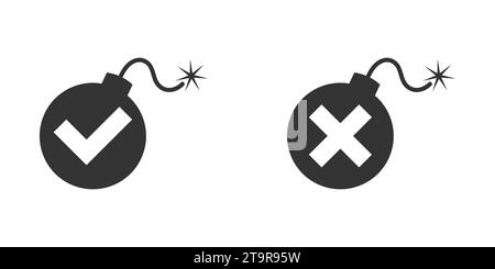 Bomb icon with check mark and cross signs. Green and red colors. Flat ...