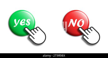 Click hand cursor with buttons and text: Yes, No. Flat vector illustration. Stock Vector