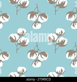 Blue pattern with cotton flower branch, for wallpaper, web page background, surface textures, textiles. Vector illustration Stock Vector