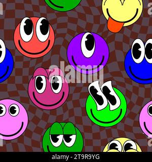 Smiley faces stickers, trippy seamless pattern. Retro trendy check distortion background Stock Vector