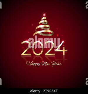 2024, 24 Happy New Year. Shiny golden 2024 with Christmas tree. New Year design for invitation, greeting card, calendar. Shiny gold logo, ribbon Stock Vector