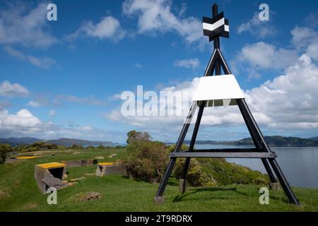 Trig station and World War 2 gun emplacements,  Matiu/Soames Island,  Wellington Harbour, North Island, New Zealand Stock Photo