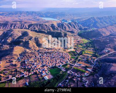 Oliete Teruel drone view and Cuava Foradada lake Stock Photo