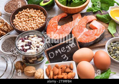 Food rich in omega 3 fatty acid and healthy fats. Animal and vegetable sources of omega3. Healthy keto and low carb diet eating concept Stock Photo