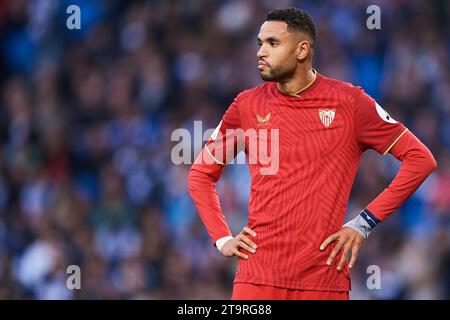 Youssef En-Nesyri of Sevilla FC in action during the LaLiga EA Sports match between Real Sociedad and Sevilla FC at Estadio Reale Arena on November 26 Stock Photo