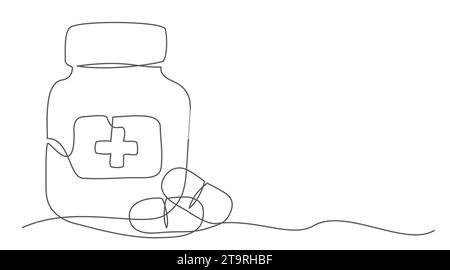 Pills One line drawing isolated on white background Stock Vector
