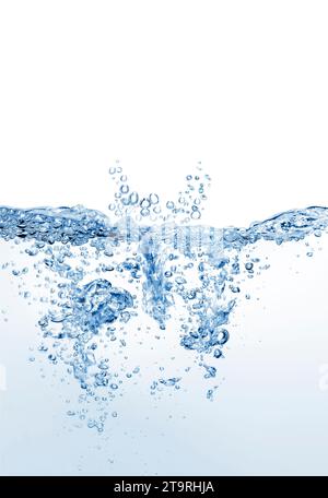 Turbulences into scrambled water surface with bubbles against white background. Stock Photo