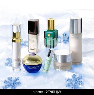 Barcelona- Spain- Circa August, 2021.  Christmas concept set of cosmetics brands of anti age and lifting treatment, serum repair and wrinkle repair. Stock Photo