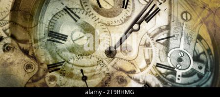 Photographic Collage of ancient timepiece concept. Shallow focus and stone texture over clockpieces. Composite with images of same author. Stock Photo