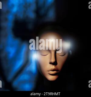 Shallow focus against mannequin head. Conceptual  image meaning brain, mindfulness and dream activity. Stock Photo