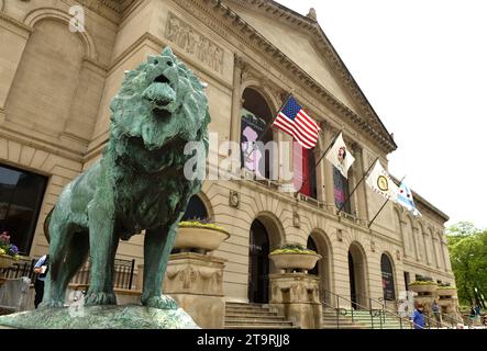 Chicago, USA - June 05, 2018: Lion sculpture front of the Art Institute of Chicago. Stock Photo