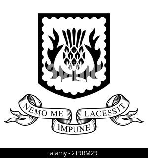 Old Scottish design. Thistle flower and leaves and the royal Scottish motto - No one will touch me with impunity in Latin Stock Vector