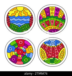 Doodles filled circles set. Hand drawn isolated graphic elements. Boho and ethnic style mandala. Bright colors. Decorative art for birthday cards, wed Stock Vector