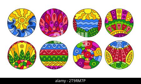 Circles filled with different doodles, hand drawn with thin line and brightly colored. Abstract designs isolated on white background. Vector illustrat Stock Vector