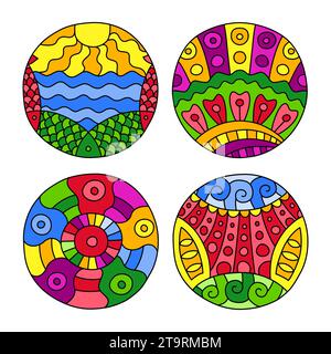 Doodles filled circles set. Hand drawn isolated graphic elements. Boho and ethnic style mandala. Bright colors. Decorative art for birthday cards, wed Stock Vector
