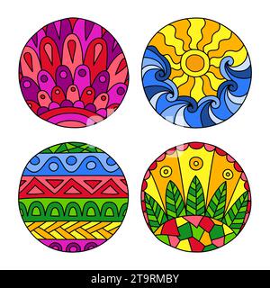 Doodles filled circles set. Hand drawn isolated graphic elements. Boho and ethnic style mandala. Bright colors. Decorative art for birthday cards, wed Stock Vector