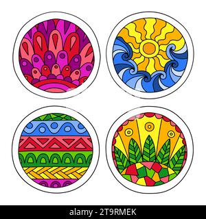 Doodles filled circles set. Hand drawn isolated graphic elements. Boho and ethnic style mandala. Bright colors. Decorative art for birthday cards, wed Stock Vector