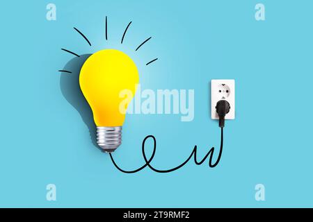 Creative idea, a yellow light bulb is plugged into a socket and glows on a blue background. Business and education. Brainstorm, concept. Think differe Stock Photo
