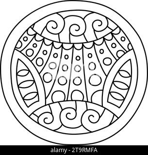 Round coloring page filled with hand drawn doodle motifs in a circle, isolated on white background. Vector illustration Stock Vector