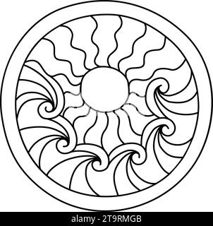 Round coloring page filled with hand drawn doodle motifs in a circle, isolated on white background. Vector illustration Stock Vector