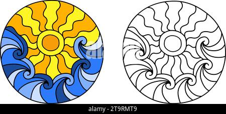Sea waves and sun. Round coloring page with colored example, filled with hand drawn doodle motifs in a circle, isolated on white background. Vector il Stock Vector