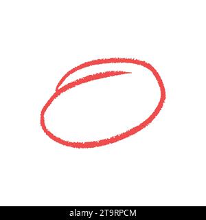 Red oval drawn by hand with wax crayon or pencil, charcoal, chalk. doodle colorful wavy lines emphasis. Vector illustration isolated on white. Stock Vector