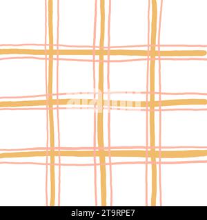Doodle Gingham Check Plaid Vector Pattern. Vertical and horizontal hand drawn crossing colored stripes. Chequered geometrical background. Cottagecore Stock Vector