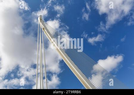 White cable-stayed bridge in the shape of a harp, Pont de L'Assut de l'Or, modern architecture, architect Santiago Calatrava, pylon, detail in front Stock Photo