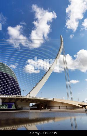 Cable-stayed bridge in the shape of a harp, Pont de L'Assut de l'Or, modern architecture, architect Santiago Calatrava, pylon, spring clouds, Ciudad Stock Photo