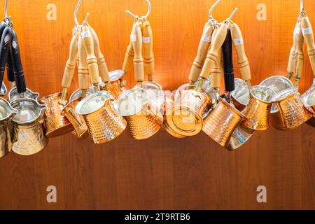 Turkish coffee pots made of metal in a traditional style Stock Photo
