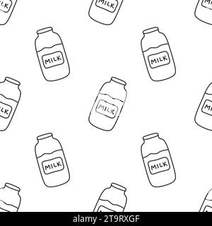 Black contour milk bottles isolated on white background. Cute seamless pattern. Stock Vector