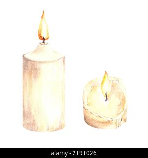 Watercolor set of burning white beige wax candles with candlewick. Hand drawn illustration. Candlelight romantic clipart for your card, interiors Stock Photo