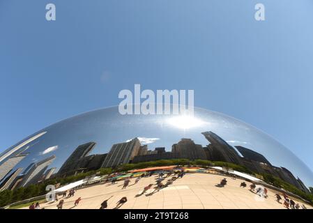 Chicago, USA - June 04, 2018: Reflection in the Cloud Gate also known as the Bean in Millennium Park in Chicago, Illinois. Stock Photo