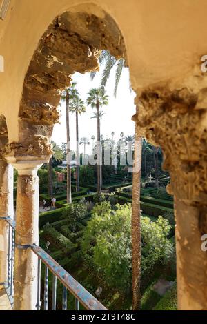 View from Galer’a de Grutesco to the Ladies Garden  of the Real Alcazar palace Seville,Andalusia,Spain, Europe. Stock Photo