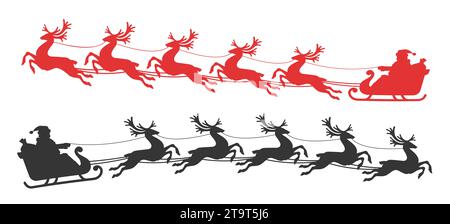 Santa Claus rides on a flying sleigh drawn by reindeer. Christmas vector illustration, silhouette Stock Vector